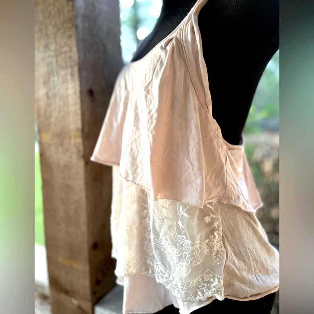 Free People Pink/Ivory Soft Knit Twisted Straps Racerback Tiered Tank Top Small - Picture 4 of 8
